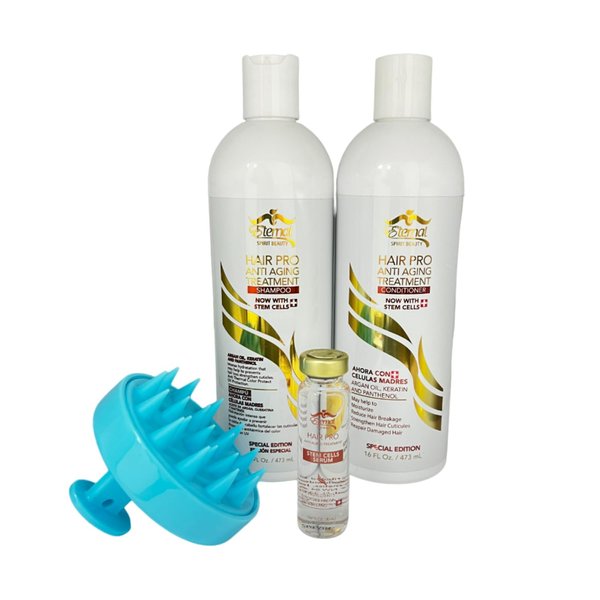 Eternal Spirit Beauty Hair Pro Anti Aging Treatment Shampoo and Conditioner, Serum, Scalp Massager Brush. Revitalize with Swiss Stem Cells, Argan Oils, Keratin. 32 Fl Oz