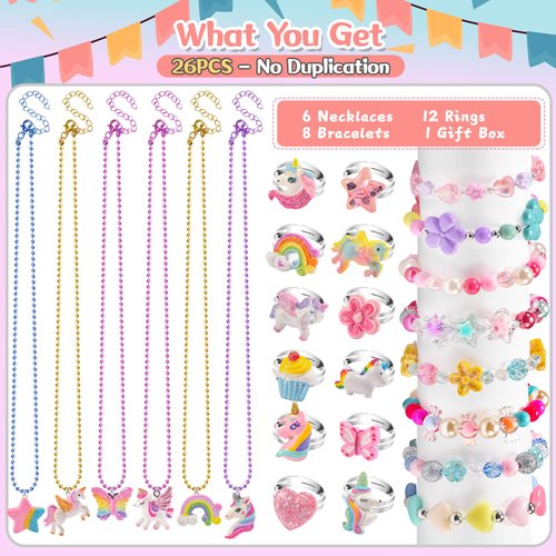 xFFFun Little Girls Jewelry Ages 4-6, Kids Unicorn Play Jewelry Set, Rings Necklaces Bracelets for Toddler Girl 3-5 6-8, Princess Costume Dress Up Childrens Jewelry 5-7, Gifts for 3 4 5 6 7 8 Year Old