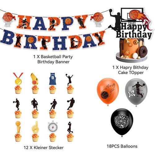 33-Piece Basketball Party Supplies Set | Happy Birthday Banner, Balloons, Cake Toppers | Perfect Basketball Party Decorations for Boys and Girls