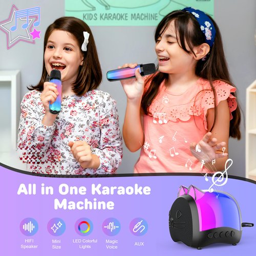KidsFaves Cat Mini Karaoke Machine for Kids,with Wireless Microphone,Portable Bluetooth Speaker with LED Lights, Christmas Kids Toys Gifts for Girls 3-12 Year Old Party Home KTV