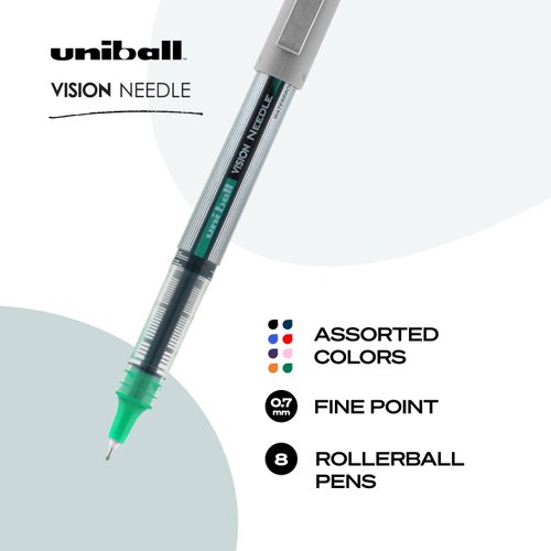 uni-ball 1734916 Vision Needle Roller Ball Stick Liquid Pen Assorted Ink Fine 8/Set
