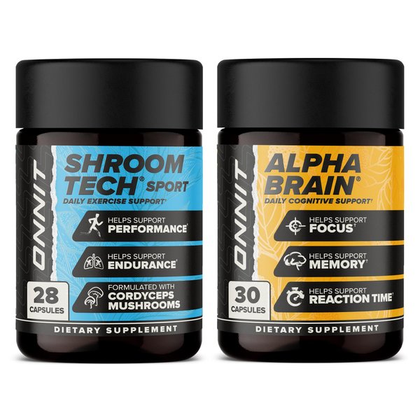 ONNIT Cognitive & Endurance Support Bundle: Alpha Brain Nootropic Capsules (30 Count) + Shroom Tech Sport Exercise Support Capsules (28 Count), IGEN Non-GMO Tested Focus, Energy & Endurance, 2 Pack