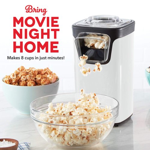 DASH Turbo POP Popcorn Maker with Measuring Cup to Portion Popping Corn Kernels + Melt Butter, 8 Cup Popcorn Machine - White