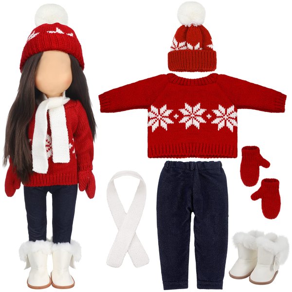 Bencailor Winter 18 Inch Doll Clothes and Accessories Winter Doll Outfits Set Sweaters Trousers Hats Shoes for 18 Inch Doll Gifts(Red White)