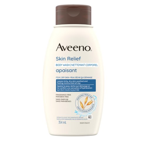 Aveeno Skin Relief Fragrance-Free Body Wash with Triple Oat Formula, Gentle Daily Cleanser for Sensitive Skin Leaves Itchy, Dry Skin Soothed & Feeling Moisturized, Sulfate-Free, 12 fl. oz