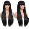 REMY HAIR Black Wig with Bangs 20 Inch Long Straight 100% Human Hair Wig Glueless None Lace Front Wigs Unprocessed Brazilian Virgin Hair Wig with Bangs Natural Color