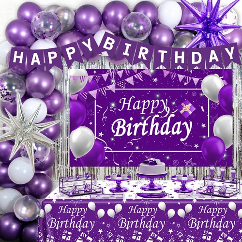 Purple Birthday Decorations for Women Girls, Lavender Purple Silver Party Decorations Kit with Happy Birthday Banner Backdrop Tablecloth Fringe Curtain Purple Balloon Arch, Purple Party Supplies