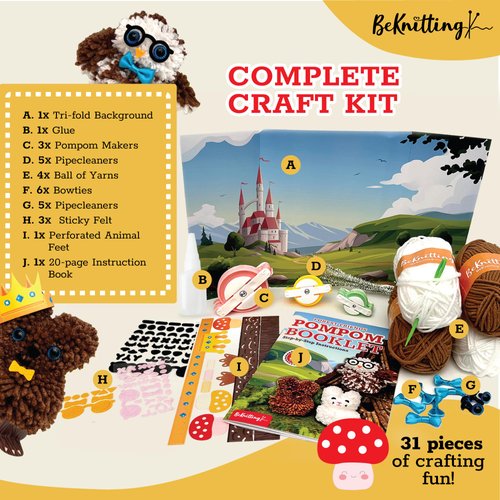 BeKnitting Pompom Craft Kit | Craft Supplies for Kids Age 5+ | Complete with Yarn & Pompom Makers| Gift Box | Knitting Toy Art