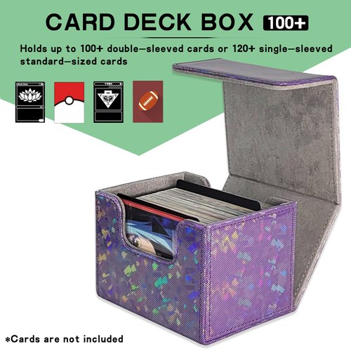 Dmoicols Card Deck Box Holds 100+ Single Sleeved Cards,Laser Sparkly Material Card Storage Box Horizontal,MTG Commander Deck Box with 2 Dividers fit TCG CCG Magic Cards(Sparkly Purple Piece)