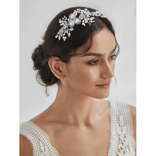 SWEETV Handmade Pearl Wedding Headbands for Women Silver Rhinestone Hair Band Bridal Headpieces for Bride Hair Jewelry Accessories