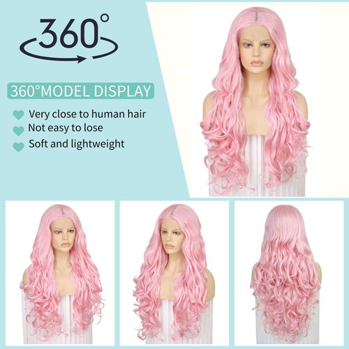Ebingoo 26 Inch Pink Lace Front Wig for Women + Wig Cap Long Pink Wig Lace Front Long Wavy Middle Part Wig Natural Curly Wig Synthetic Hair for Daily Wear