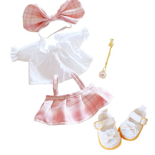 CALEMBOU Plush Doll Clothes Set, Cute JK Uniform Set, Doll Dress Shirt Bow Necklace Shoes 5Pcs Outfits for 20cm/8 inch Soft Dolls Stuffed Animals (pink clothes set-20cm/8)
