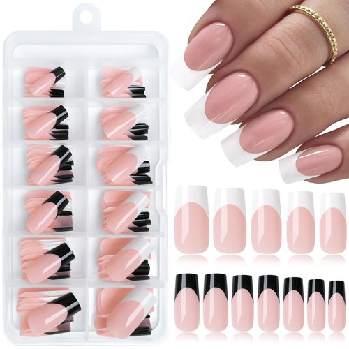 LuckForever 120pc French Tips Press on Nails Medium Square, Black White Tips Medium Press on Nails French Square Fake Nail Full Cover Glue on Nails Press ons Acrylic Nail Fingernail & Adhesive Ta