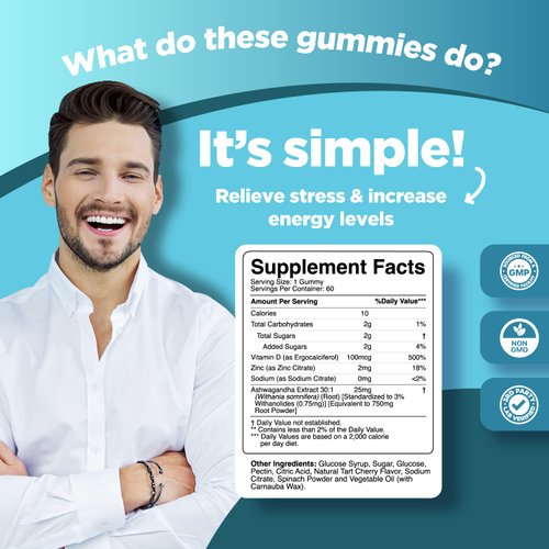 Calming Ashwagandha Gummies for Men and Women - 750mg Equivalent from 30:1 Root Extract with Zinc and Vitamin D - Tasty Adaptogen Stress Gummies for Adults for Energy & Mood Support (60 Servings)