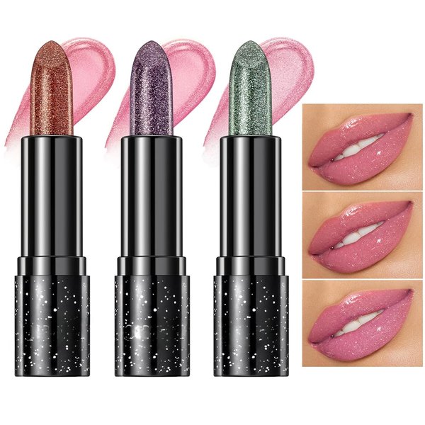 OFOCASE 3pcs Magic Color Changing Lipstick, Sparkling Glitter Lipstick Shine Jelly Lipstick Glossy Shimmer Long Lasting Nutritious Plumping Lip Balm Lips Moisturizer