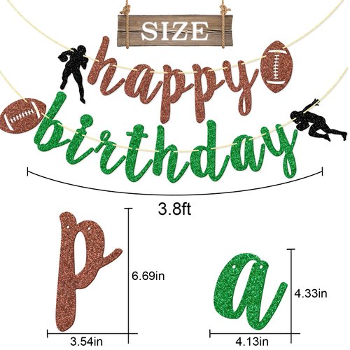 Gxsovso Football Happy Birthday Banner, Football Birthday Party Decorations, Pre-strung Football Party Decorations Supplies, Brown and Green Glitter