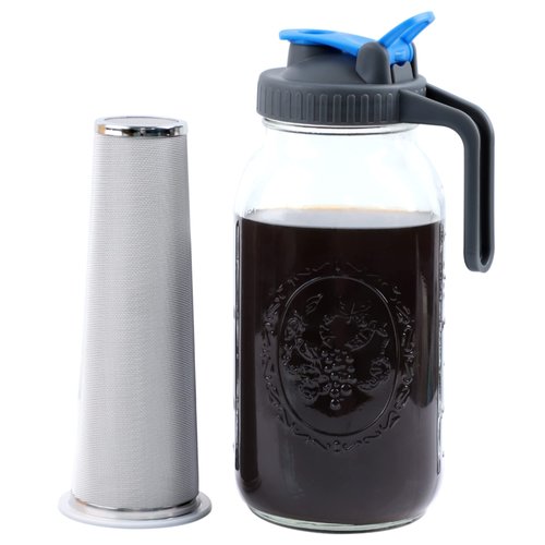 Mason Jar Cold Brew Coffee Maker 64 OZ Wide Mouth Cold Brew Pitcher With Pour Spout Handle Lid And Brew Filter For Iced Coffee, Iced Tea, Lemonade And Beverages