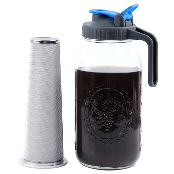 Mason Jar Cold Brew Coffee Maker 64 OZ Wide Mouth Cold Brew Pitcher With Pour Spout Handle Lid And Brew Filter For Iced Coffee, Iced Tea, Lemonade And Beverages