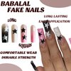 BABALAL Square Press on Nails Long Fake Nails Black Pink Glue on Nails Y2K Star Glitter Acrylic Nails 24pcs Shiny Squoval Stick on Nails for Women and Girls