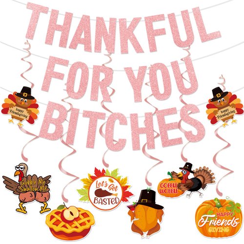 TF Girly Friendsgiving Party Decorations with Hanging Swirls, Pink Glitter Friendsgiving Decorati...