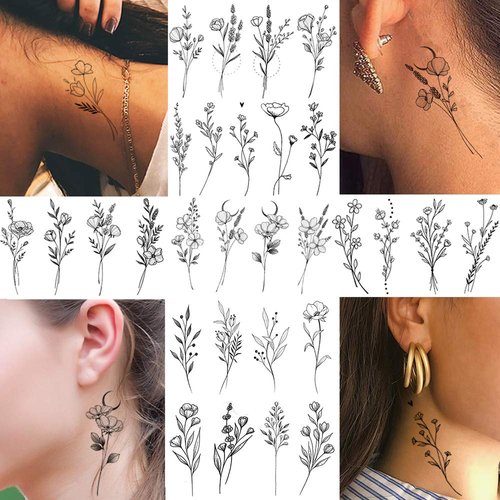 15 Sheets FANRUI Sexy Tiny Branch Black Flower Temporary Tattoos For Women Girl Neck Realistic Floral Bouquet Small Tattoo Temporary Lavender Fake Tattoo Sticker For Adults Face Hands Kit