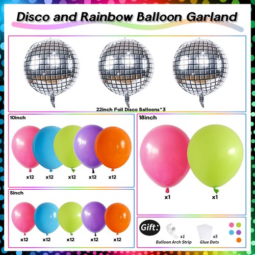 80s 90s Rock Theme Party Balloon Arch Kit, Neon Pink Purple Lime Green Orange Light Blue Latex Rainbow Balloons Garland, Colorful Balloons for Prom Disco Birthday Part Decoration Supplies
