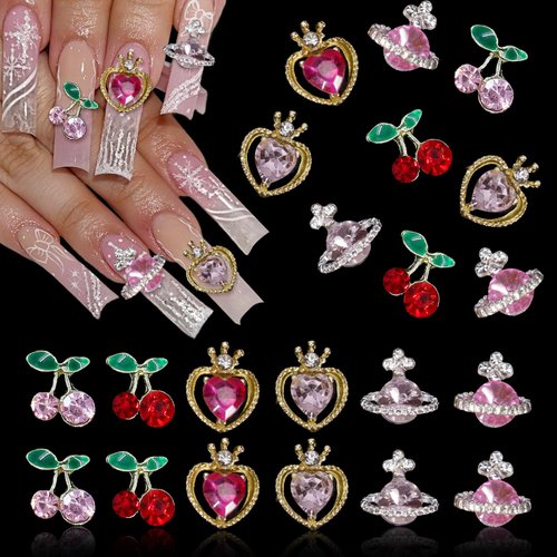 48Pcs 3D Planet Heart Cherry Nail Gems Charms, Metal Pink Planet Heart Cherry Nail Art Rhinestones Shiny Gems Diamond Crystal Luxury for Nail Jewelry Making Crafts DIY Manicure Accessories