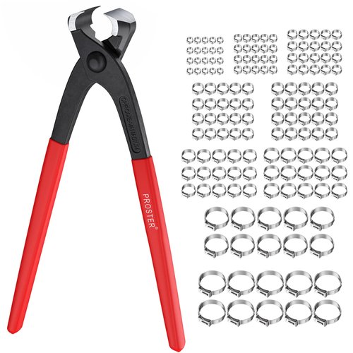 Proster Single Ear Stepless Hose Clamp Crimper with 200pcs 5.8-21mm 304 Stainless Steel Cinch Clamps, Universal Hose Crimping Tool Kit