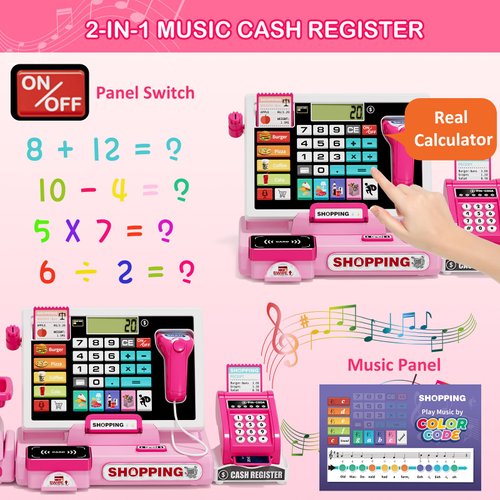 Wee Wonders 63PCS Cash Register for Kids, Kids Cash Register with Real Calculator, Pretend Play Store with Music/Motorized Conveyor/Play Money/Food Toys, Learning Toys for Boys Girls 3+, Pink
