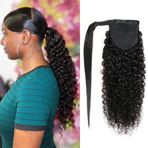 Alisfeel Wrap Around Ponytail Human Hair Extensions Remy Brazilian Kinky Curly Human Hair Ponytail with Magic Paste 110g Unprocessed Curly Clip In Ponytail Hairpiece for Black Women (22 Inch)