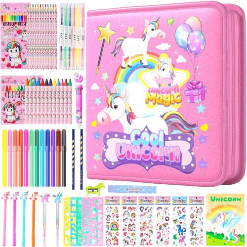 DANLCUPL Fruit Scented Markers Set 65 Pcs with Glitter Unicorn Pencil Case & Stationery, Art and Craft Coloring Supplies Birthday Gifts for Kids 4-12 Year Old (Rainbow Unicorn Pink)