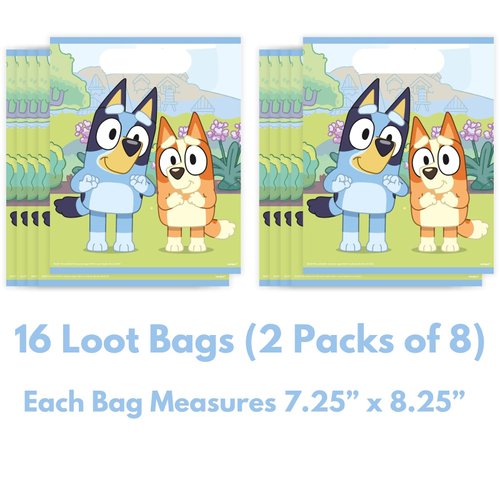 Unique Bluey Party Favors Set - 16 Bluey Goodie Bags, 16 Blowouts, Sticker - Bluey Birthday Decorations & Party Supplies, Bluey Party Favor Bags
