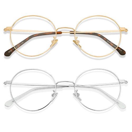 Cyxus Round Blue Light Glasses 2 Pack, Metal Frame Computer Gaming Eyeglasses for Relieve Eye Strain, Silver & Gold