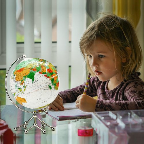 JBRUN 8" Illuminated World Globe,Globes of the World with Stand,World Globe for Kids Learning with Built-In LED Lamp,Educational Interactive Globe Map for Home Decor,Night Light Decor(White)