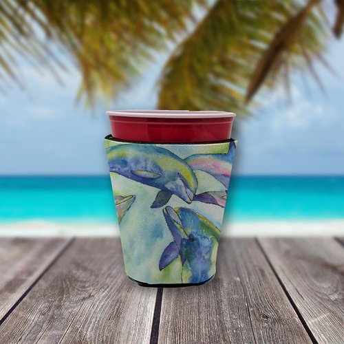 Caroline's Treasures 8548RSC Dolphin Red Cup Hugger Cup Cooler Sleeve Hugger Machine Washable Drink Sleeve Hugger Collapsible Insulator Beverage Insulated Holder