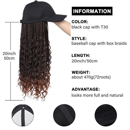 Goddess Box Braids Braiding Hair Baseball Cap Hat Wig Bohemian Curly Ends Braids Hat with Braided Boho Hair Extensions for Black White Women Synthetic Braids Hat Wig with Hair Attached (20inch, T30)