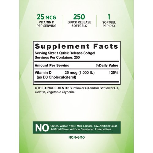 D3 1000 IU | 250 Softgels | Essential Vitamin D | Non-GMO & Gluten Free High Potency Supplement | by Nature's Truth