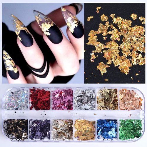 Gold Foil Nail Art Set, Nail Art Decals Stickers Fragments Nail Foil Art Nail Charms, DIY Manicure Nails Design Decal Decoration Gold Silver Leaf Flakes 12 Grids/Set
