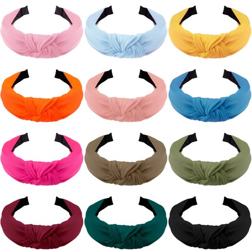 SIQUK 12 Pieces Knotted Headband Wide Turban Headbands Top Knot Headband Cross Knot Headbands for Womem and Girls, 12 Colors