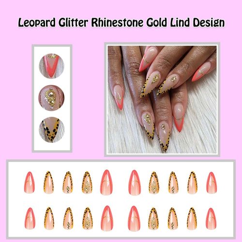 ANDGING Leopard Almond Press on Nails Short Medium French Tip Stiletto Fake Nails Glue on Nails for Women with Yellow Rhinestone Design Cute False Nails Stick on Nails for Wedding Birthday 24Pcs