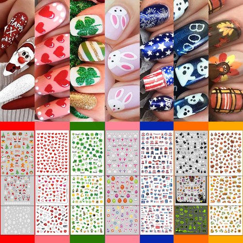 30 Sheets 7 Holiday Nail Art Stickers, Mixed Season Nail Decals Set for All Year, 3D Self-Adhesive Pegatinas Uñas Easter 4th of July Halloween Thanksgiving Christmas Valentine's St. Patrick's Day