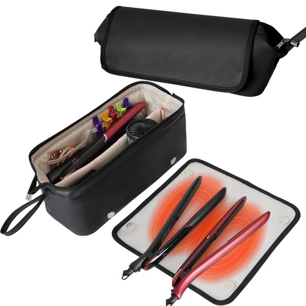 Hot Hair Tools Travel Bag with Heat-resistant Mat, Hair Tools Organizer for Straighteners, Curling Iron, Hair Dryers, Hair Accessories, Waterproof 2 in 1 Hair Styling Curling Iron Travel Case (Black)