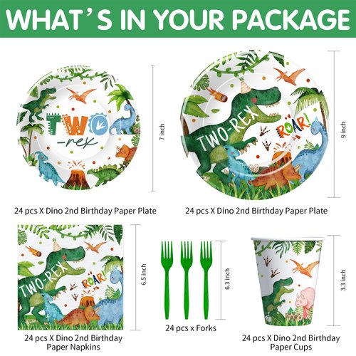 Suhelkit Dinosaur Two Rex Birthday Decorations Boy - Dinosaur Birthday Party Supplies, Paper Plate, Cup, Napkin, Fork, Dino Theme Dinosaur 2-Year-Old Birthday Party Decorations Tableware | 24 Guests