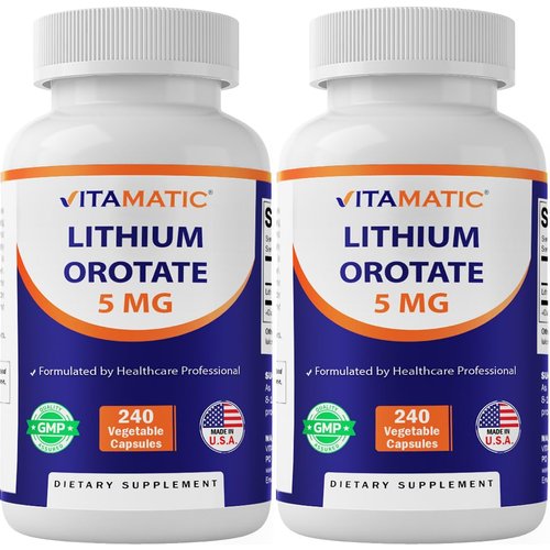 Vitamatic Lithium Orotate 5mg, 240 Veggie Capsules, Non-GMO, Gluten Free. - 2 Pack