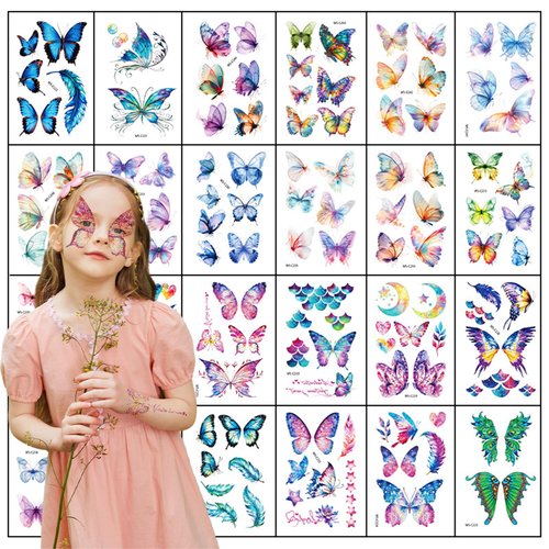 Qpout 24 Sheets Glitter Butterfly Temporary Tattoos for Eyes Face, Glitter Tattoos for Girls Women, Glitter Face Tattoos,Butterfly Temporary Tattoos Stickers, Fake Tattoos