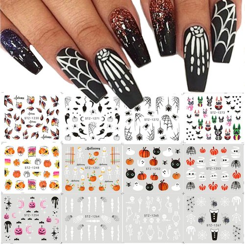 12Pcs Halloween Nail Art Stickers Water Transfer Nail Decals, Halloween Pumpkin Skull Spider Web Ghost Nail Designs Sliders Cartoon Stickers Autumn Water Decals Manicure Accessories for Women