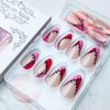 Mkwntg Halloween Press on Nails Short Almond Fake Nails Pink French Tip Full Cover False Nails Scary Cartoon Scar Glue on Nails Glossy Gothic Stitch Stick on Nails for Women Girls Manicure 24Pcs