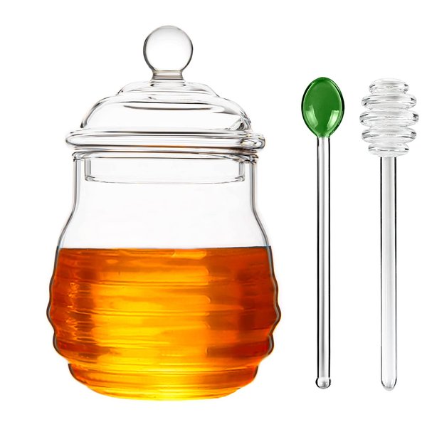 Ivolador Honey Jar, Glass Honey Pot with Dipper and Lid Glass Storage Container Dispenser for Home Kitchen Store Honey and Syrup