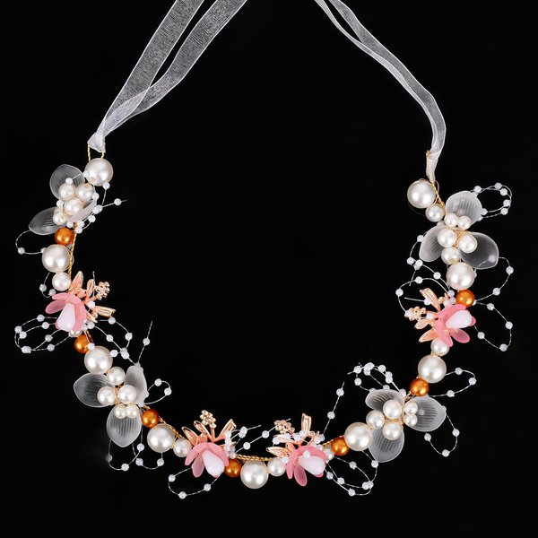 Psyqtsuary Pearl Flower Girl Headpiece Rhinestone Pink Flower Crown Rhinestone Crystal Princess Headbands for Girls, Elegant Pink Pearl Flower Crown for Hair Girl Birthday Christmas Gifts