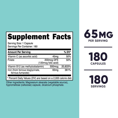 Nutricost Iron for Women 65mg, 180 Capsules, with Vitamin C, Folate, & Vitamin B12 - Vegetarian Friendly, Non-GMO, Gluten Free